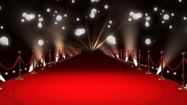Digitale Animation eines Laufstegs auf dem roten Teppich mit hellen Lichtstrahlen und Bokeh-Lichteffekten