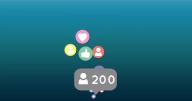 Beğenme, kalp ve takipçi simgelerinin bir takip simgesinin üzerinde hareket eden ve mavi degrade arka plan 4k üzerinde sayıları artıran dijital animasyon