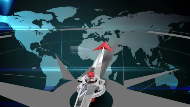Digitale Animatie Van Een Kompas Wijzend Een Wereld Kaart Met — Stockvideo