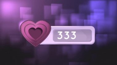 Artan sayı sayısı ile mor bir sayı çubuğu içinde mor bir kalp t simgesi animasyon. Arka plan yüzen parlak mor kareler