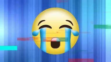 Dikey çizgilerle mavi bir arka plan üzerinde ön planda statik ışıklar ile bir yüz ağlayan emoji dijital animasyon