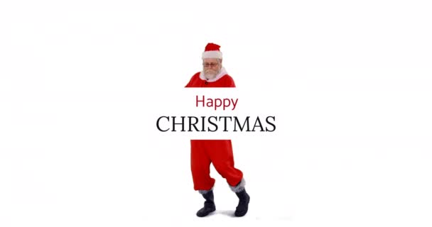 Volledige Weergave Van Een Dansende Kerstman Met Kerst Groeten Voorgrond — Stockvideo
