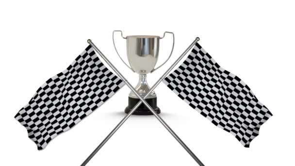 First Place Trophy Cup Crossed Racing Flags Hanging Poles Foreground — Stock Video