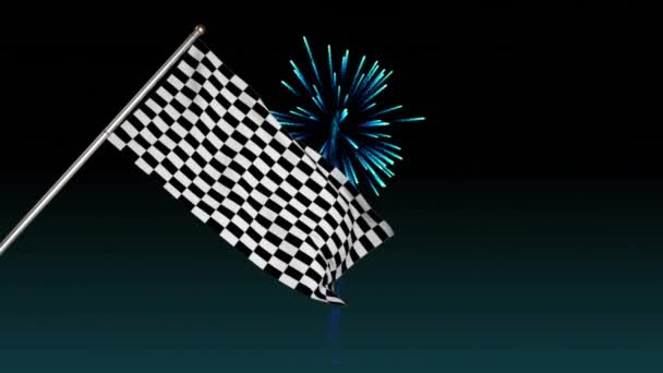 Цифровая Анимация Гоночного Флага Висящего Шесте Фейерверком Заднем Плане — стоковое видео