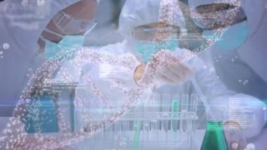 Test tüplerinde kimyasalları karıştıran 3 bilim adamının yakın ıstabiri. Dna sarlisinin dijital bileşimi ön planda dönüyor.