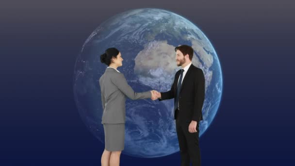 Side Angle View Businessman Businesswoman Shaking Hands Digital Animation Globe — Stock Video