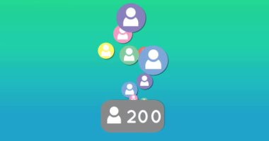 Mavi ve yeşil degrade arka plan 4k üzerinde takipçileri artan sayıda üzerinde birden fazla yüzen renkli insan simgeleri dijital animasyon