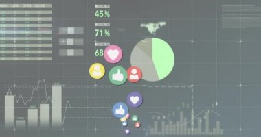 Grafikler ve istatistikler 4k dolu bir arka plan ile yukarı uçan Takip, benzeri ve kalp düğmesi dijital animasyon