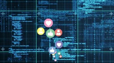 Çalışan arayüz kodları bir arka plan ile yukarı uçan gibi, kalp ve takipçi simgelerinin dijital animasyon