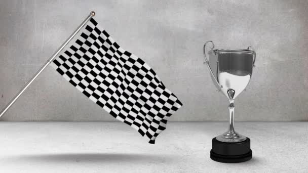 Animación Digital Una Bandera Carreras Colgada Poste Con Trofeo Carrera — Vídeos de Stock
