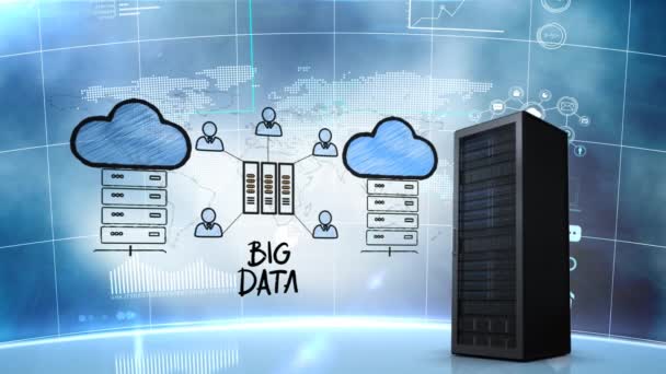 Digital Animation Illustration Cloud Storage Networking Server Tower World Map — Stock Video