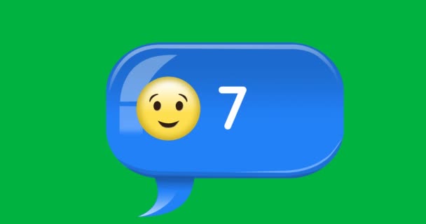 Animation Blue Message Notification Bubble Winking Emoji Increasing Number Background — Stock Video