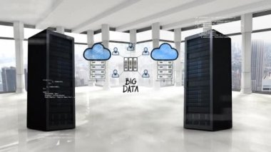 Buluta bağlı bilgisayar ağlarının bir örneğini ortaya çıkarmak için birbirinden ayrılan pencerelerin yakınındaki iki sunucu kulesinin dijital animasyonu