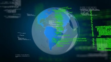 Arka planda çalışan arayüz kodları ile dönen bir kürenin dijital animasyonu