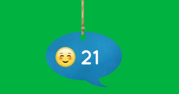 Animation Chat Bubble Hanging Thread Smiling Face Emoji Number Count — Stock Video