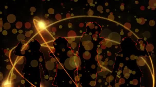 Digitális animáció a sziluettje a nők egy sötét szobában mozgó bokeh fényhatások és körök fénnyel. Táncolnak, miközben a körök mozognak