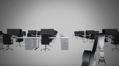 Bir robot kolunun ofis ayarı arka planı olan bir ampulü toplamasının dijital animasyonu