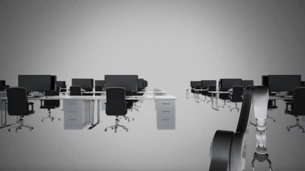 Cyfrowa Animacja Ramienia Robota Zbierając Żarówkę Tłem Ustawień Biurowych — Wideo stockowe