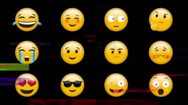 Farklı duygu ve tepkiler ile emojis Dijital animasyon. Arka plan ışık titreşen çubukları ile siyah