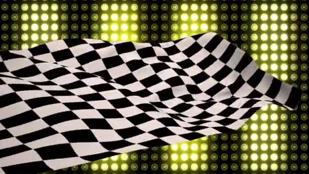 在舞动的黄灯背景下挥舞的赛车旗 — 图库视频影像