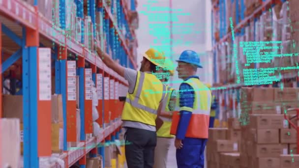 Front View View Workers Wearing Hard Hats Checking Items Shelves — Stock Video