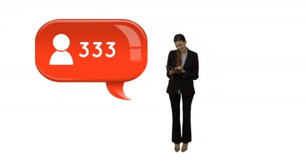 Frontansicht Einer Kaukasischen Geschäftsfrau Neben Einem Folgesymbol Mit Zahlen Sie — Stockvideo