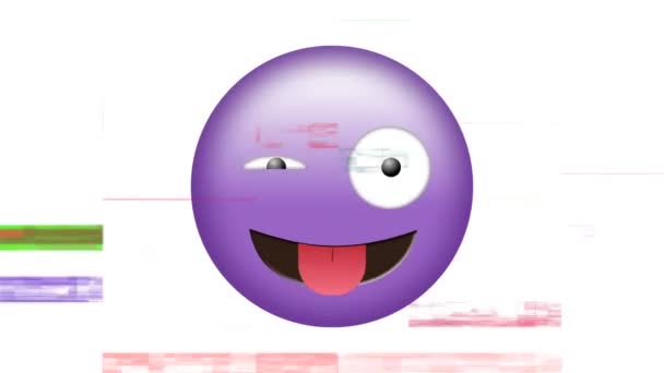 Digital animation of a purple face winking emoji with tongue sticking out and flickering bars of light as effects — Stock Footage Digital Animation Purple Face Winking Emoji Tongue Sticking Out Flickering Stock Video
