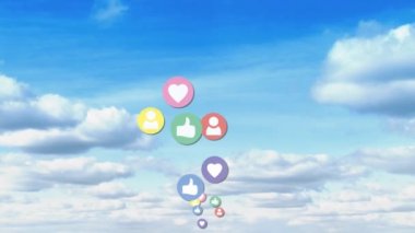 Parlak bulutlu gökyüzü arka plan ile yukarı doğru uçan gibi animasyon, takip ve kalp simgeleri