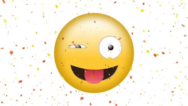 Digital Animation Winking Face Sticking Out Tongue Emoji Confetti Effects — Stock Video