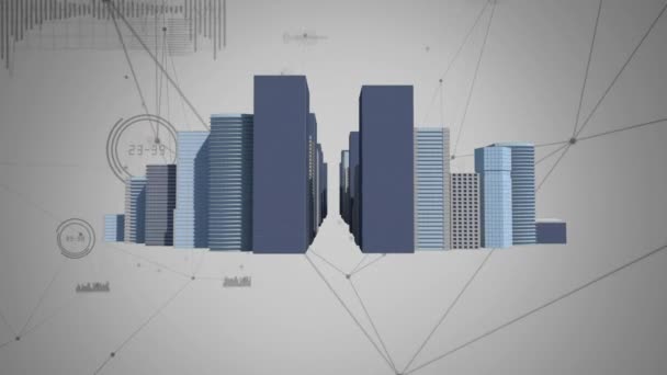 高層ビルの構造を持つ街の通りを移動するデジタルアニメーション 背景は接続された線で塗りつぶされます — ストック動画