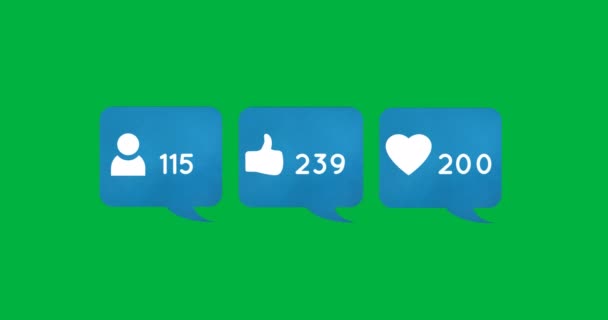 Animation Blue Boxes Containing Numbers Followers Likes Hearts Green Background — Stock Video