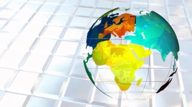 Arka planda çalışan damalı paneller ile dönen çok renkli bir kürenin dijital animasyonu