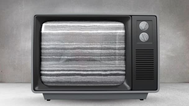 画面上に赤い地球儀が回転する灰色の部屋のテレビのデジタルアニメーション — ストック動画