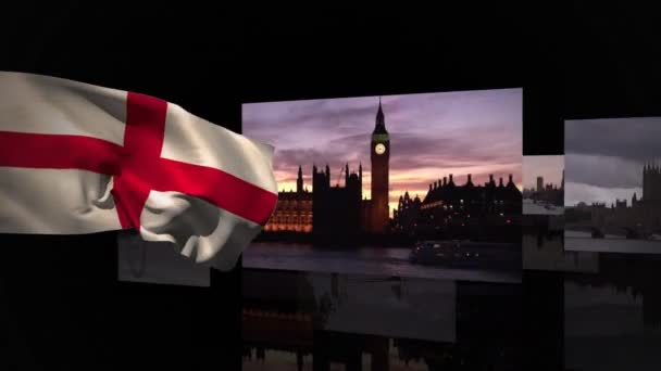背景に走る観光スポットの写真提示でイングランドの旗を振る — ストック動画