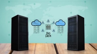 Arka plan olarak dünya haritasına sahip bulut depolama ağının bir örneğini ortaya çıkarmak için birbirinden ayrılan iki sunucu kulesinin dijital animasyonu