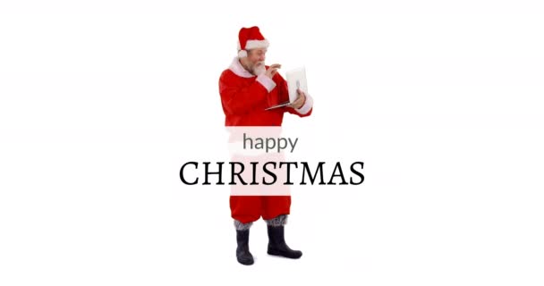 Полный Обзор Деда Мороза Стоящего Время Печати Ноутбуке Поздравление Рождеством — стоковое видео