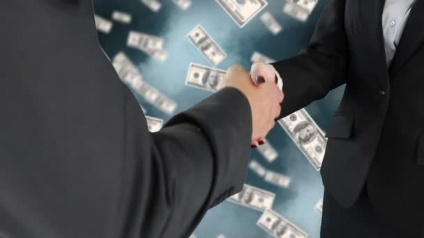Close Handshake Businessman Businesswoman Digitally Generated Money Floating Background — Stock Video