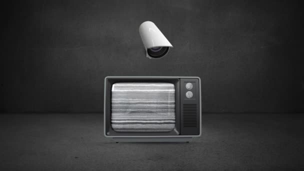Цифровая Анимация Камеры Наблюдения Движущейся Над Телевизором Серой Пустой Комнате — стоковое видео