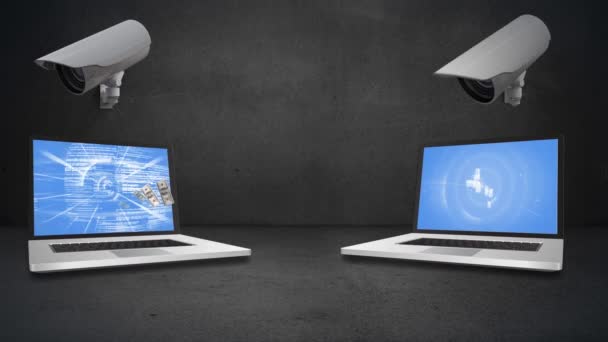 Animação Digital Transferência Dinheiro Laptop Para Outro Sob Vigilância Duas — Vídeo de Stock