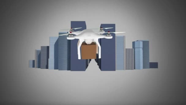 Digital Animation Drone Holding Package Moving City Streets — Stock Video