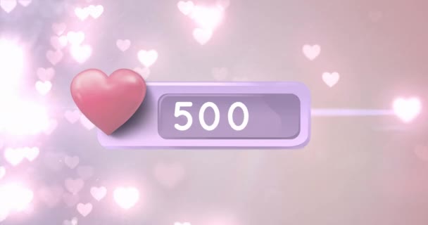 Animation Pink Heart Button Increasing Numbers Фон Заполнен Сердечными Пузырями — стоковое видео