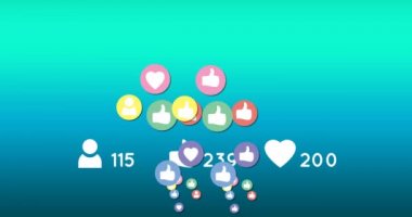 Animasyon takip, gibi ve kalp düğmesi degrade mavi arka plan ile sayıları artan. Gibi, izleyin ve kalp simgeleri de arka plan 4k üzerinde yukarı doğru uçuyor