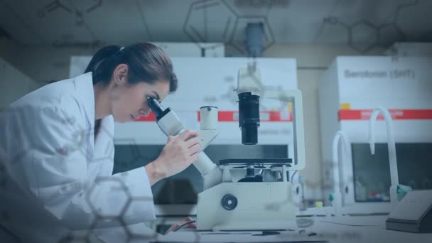 Side View Female Scientist Looking Microscope Lab Chemical Equations Running — Stock Video