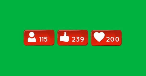 数字动画的跟随 喜欢和心脏图标与绿色背景4K上越来越多的数字 — 图库视频影像