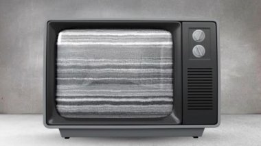 Gri bir odadaki bir televizyonun dijital animasyonu dönen bir insan beynini açığa çıkarıyor.