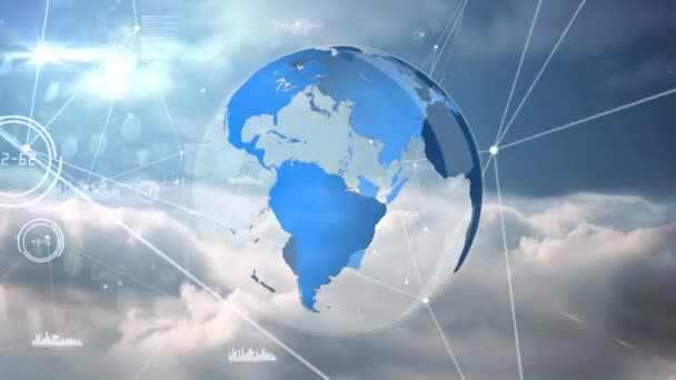 Animation générée numériquement d'un globe rotatif avec effets de fond et d'interface du ciel 