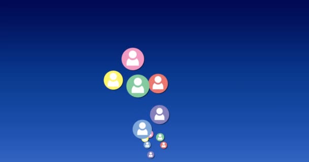 Animatie Van Kleurrijke Volg Iconen Vliegen Een Blauwe Gradiënt Achtergrond — Stockvideo