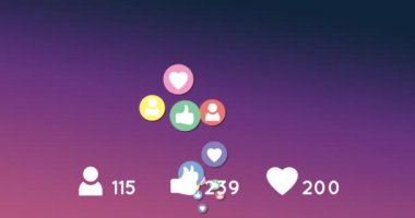 Gibi hareket dijital animasyon, kalp ve mor degrade arka plan 4k üzerinde artan sayıların üzerindeki simgeleri izleyin