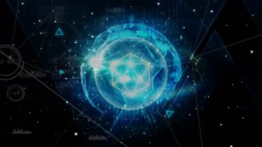 Çizgileri ve uzayda parçalayan çok yüzlü şekli ile dönen mavi kürenin dijital animasyonu