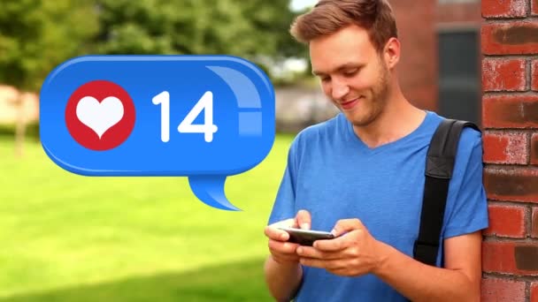 Close Caucasian Male College Student Leaning Brick Wall While Typing — Stock Video